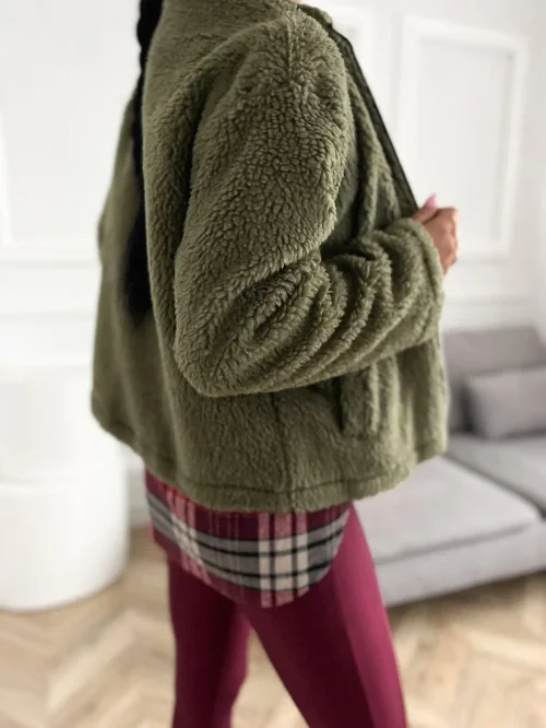 Kurtka teddy „misiek” khaki na suwak ze stójką